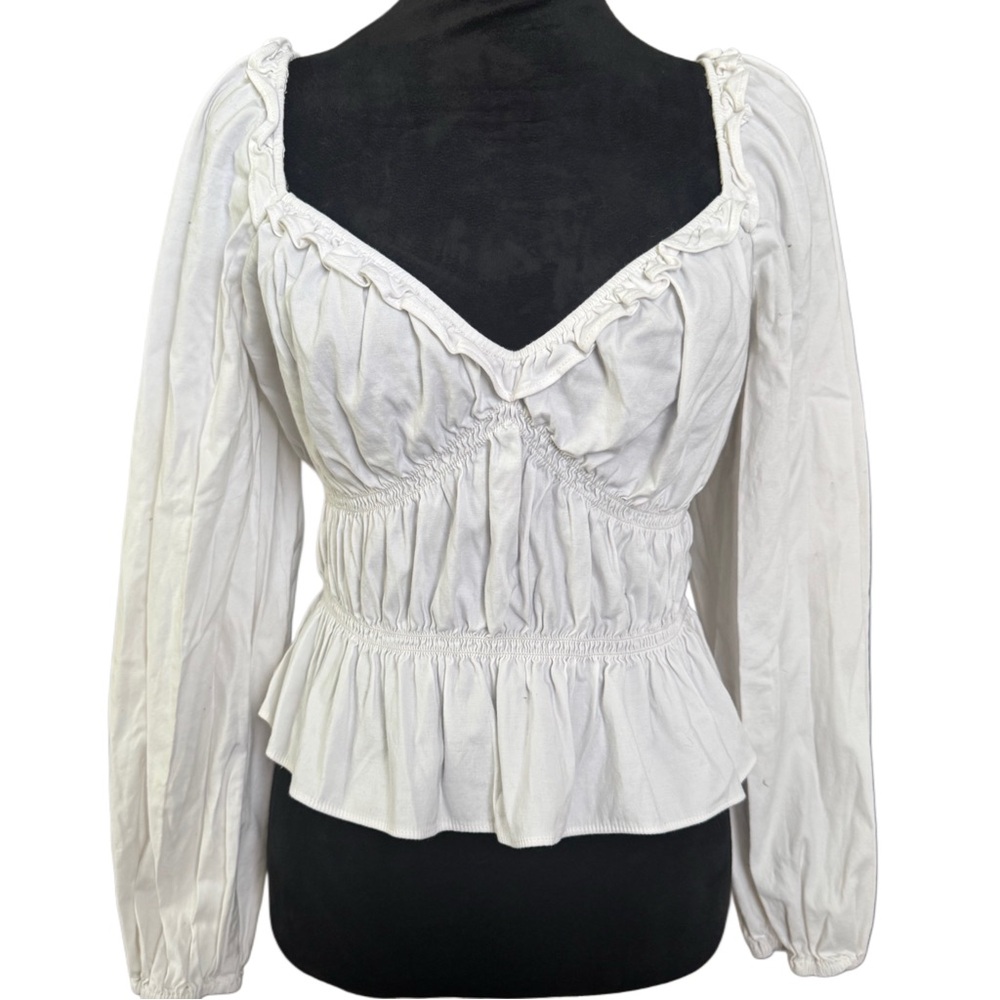 Reformation White Ruched Peplum Blouse